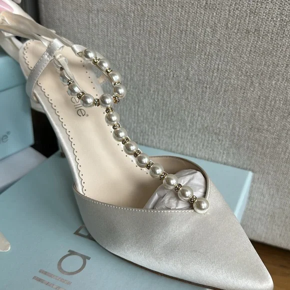 Bella Belle Lisbeth heels. Pearl T-Strap Ivory Heels with Ankle Wrap Bow - Picture 6 of 7